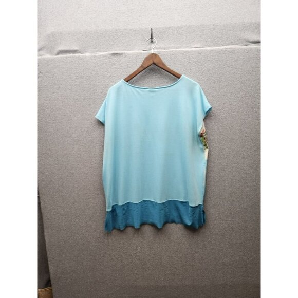 Ruby Rd. Large Womens Scenic Print Top With Blue Hem & Short Sleeves - Picture 4 of 4